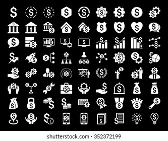 Financial business vector icon set. Style is flat symbols, white color, rounded angles, black background.