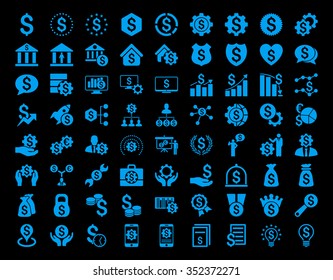 Financial business vector icon set. Style is flat symbols, blue color, rounded angles, black background.