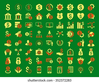 Financial business vector icon set. Style is bicolor flat symbols, orange and yellow colors, rounded angles, green background.
