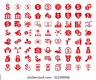 Financial business vector icon set. Style is flat symbols, red color, rounded angles, white background.