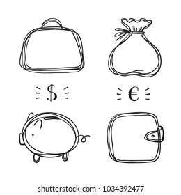 Financial, Business and Wealth Symbols Icons Vector Set. Hand drawn Doodle Briefcase, Wallet, Money Bag, Piggy with Dollar and Euro Money Symbols. 