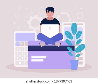 Finanzberechnungskonzept Wirtschaftskonzept. Der junge Mann sitzt mit einem Laptop auf einer Bankkarte. Farbige flache Vektorgrafik.
