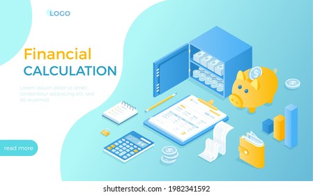 Finanzielle Berechnung. Buchführung, Audit, Datenanalyse, Berichterstattung, Steuerbuchhaltung. Sicher mit Geld, Sparschwein, Dokumente, Rechnungen. Isometrische Vektorgrafik für Website.