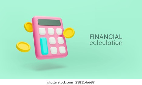 Concepto de cálculo financiero, calculadora 3d y banner de monedas de oro en caída. Contabilidad de finanzas, contabilidad, presupuesto, débito, cálculos de crédito. Ilustración de vectores realista de la gestión financiera