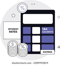 Financial Calculation Concept with Calculator, Gold Coins, and Percentage Symbol Representing Tax, Interest Rates, and Money Management