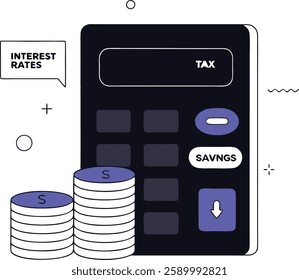 Financial Calculation Concept with Calculator, Gold Coins, and Percentage Symbol Representing Tax, Interest Rates, and Money Management