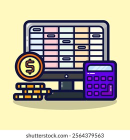 Financial calculation icon. Processing financial concept on lineal color style. Business data, income report isolated on premium design. Flat cartoon vector illustration. 