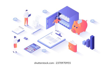 Financial calculations. Bookkeeping, audit, analysis, reporting, accounting. Invoice, piggy bank, safe, money, calculator, receipt. Isometry illustration with people scene for web graphic.	
