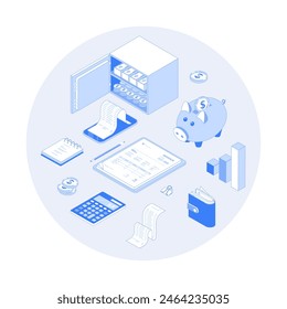 Financial calculations. Bookkeeping, audit, analysis, reporting, accounting. Invoice, piggy bank, safe, money, calculator, receipt. Vector outline illustration with isometry scene for web graphic