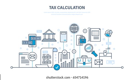 Financial calculations, counting profit, income, taxes, research statistics data, data analytics, planning, report. Illustration thin line design of vector doodles, infographics elements.