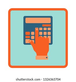 Financial calculations flat icon in square frame. Finger touching the calculator button