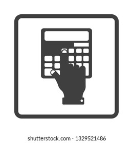 Financial calculations icon in square frame. Finger touching the calculator button.