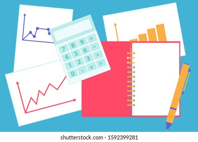 Financial calculations. Office table with graph and calculator. Flat design. Vector illustration