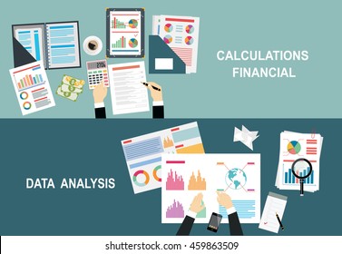 Financial calculations. Working process. businessman hands, calculator, financial reports, money, coins, coffee cup. Data analysis, document, market, strategic, report. Development Planning. Top view.