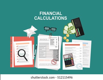 Financial calculations. Working process. Calculator, financial reports, money, coins. Top view. vector illustration in flat design