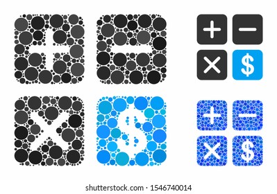 Financial calculator composition of round dots in variable sizes and color tints, based on financial calculator icon. Vector round dots are grouped into blue composition.