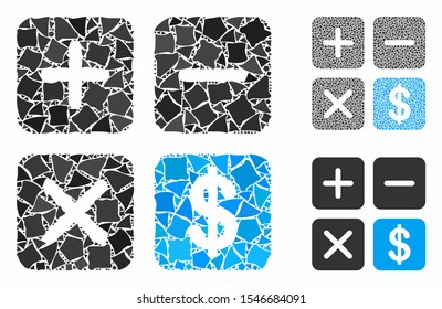 Financial calculator composition of uneven parts in different sizes and color tones, based on financial calculator icon. Vector rough parts are united into composition.