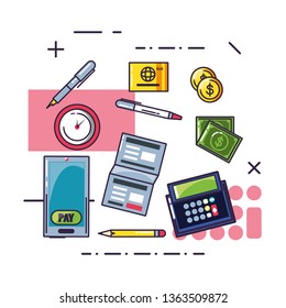 financial calculator with document and set icons