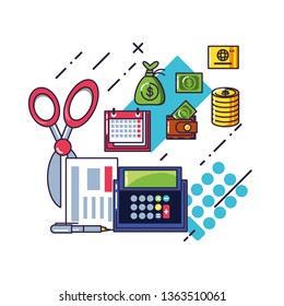 financial calculator with document and set icons