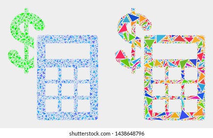 Financial calculator mosaic icon of triangle elements which have various sizes and shapes and colors. Geometric abstract vector illustration of financial calculator.
