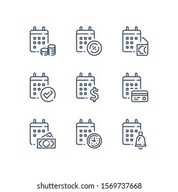 Financial Calendar, Annual Payment, Monthly Budget Plan, Tax Refund, Vector Line Icon Set