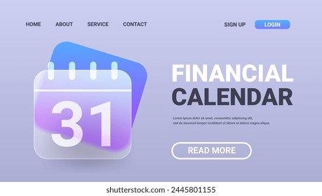 Financial calendar horizontal landing page. Glass morphism money technology service