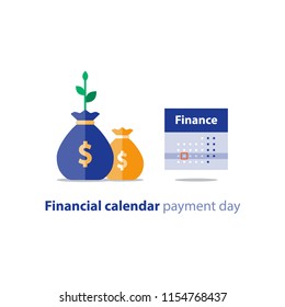 Financial Calendar Illustration, Budget Plan, Payment Bay, Finance Planner, Monthly Installment, Time Period, Annual Money Income, Vector Icon