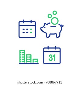 Financial Calendar Line Icon, Monthly Payment Outline Symbol, Annual Income Concept, Piggy Bank Saving Account, Money Return, Asset Allocation, Long Term Investment Pension Fund, Superannuation Vector