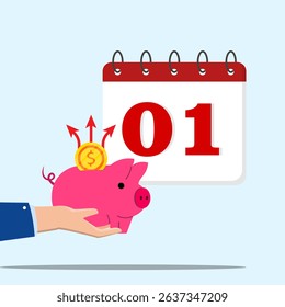 Financial calendar, financial planning, monthly budget planning concept. Hand holding a piggy bank which coin are taken out with the first date of the month on the calendar. 