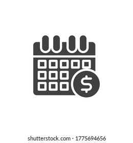 Icono de vector de calendario financiero. signo plano relleno para concepto móvil y diseño web. Icono de glifo de calendario y dinero. Símbolo, ilustración del logotipo. Gráficos vectoriales