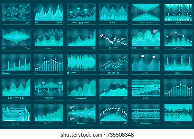Financial candle stick or line graphs. Currency business and market charts set. Finance data investment growth diagram. Graphic analysis of trends. Vector stock illustration