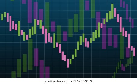 gráfico de castiçais financeiros exibindo atividade de mercado volátil contra um fundo de grade azul escuro.