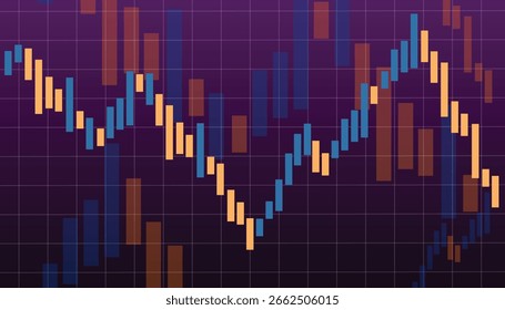 financial candlestick chart displaying volatile market activity against a dark blue grid background.