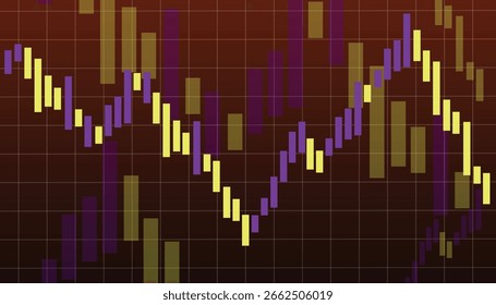 financial candlestick chart displaying volatile market activity against a dark blue grid background.