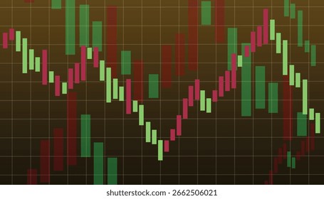 financial candlestick chart displaying volatile market activity against a dark blue grid background.