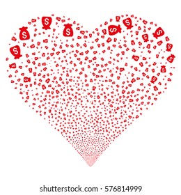 Financial Capital fireworks with heart shape. Vector illustration style is flat red iconic symbols on a white background. Object heart organized from scattered pictograms.