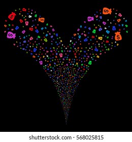 Financial Capital fireworks stream. Vector illustration style is flat bright multicolored iconic symbols on a black background. Object double fountain done from random pictograms.