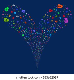 Financial Capital fireworks stream. Vector illustration style is flat bright multicolored iconic symbols on a blue background. Object double fountain organized from random icons.