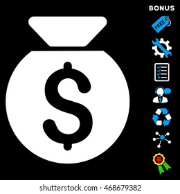 Financial Capital icon with bonus pictograms. Vector illustration style is flat iconic bicolor symbols, blue and white colors, black background, rounded angles.