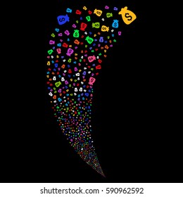 Financial Capital random fireworks stream. Vector illustration style is flat bright multicolored iconic symbols on a black background. Object fountain done from scattered pictographs.