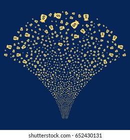 Financial Capital salute stream. Vector illustration style is flat yellow iconic symbols on a blue background. Object stream fountain done from random pictographs.