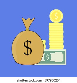 Financial capital vector. Profit development and gold coin with bag of money illustration