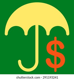 Financial Care icon from Commerce Set. Vector style: bicolor flat symbol, orange and yellow colors, rounded angles, green background.