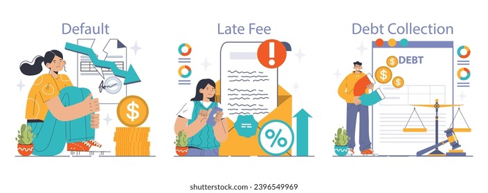 Financial Challenges set. Stages of loan default, accruing late fee and debt collection depicted with concerned characters. Money concerns. Debt management. Flat vector illustration