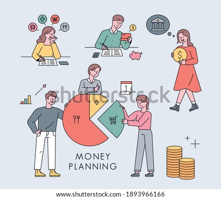 Financial character collection. People are making graphs or writing household accounts.