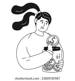 Financial character girl throwing a coin into a jar of coins