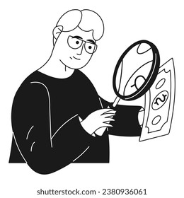 Financial character guy looks at a banknote through a magnifying glass