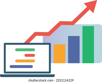 financial chart with arrow and computer. Graph with arrow moving poiting up for business growth concept simple flat design for web.  Rising stock market or rise of economy. Stock chart or graph. 