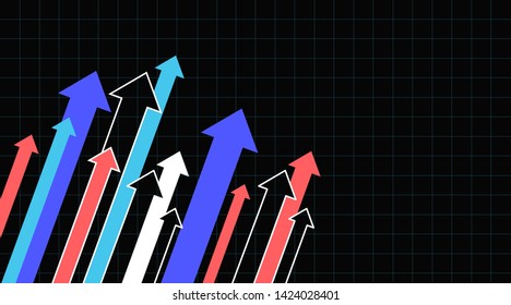 Financial chart with arrows going up. Black background, copy space.