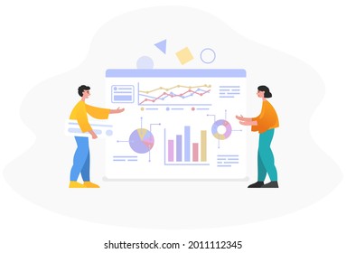 Finanzplan, Geschäftsbericht, Statistik. Zwei Leute stehen nahe Seite mit verschiedenen Diagrammen, Diagrammen. Moderne Vektorgrafik